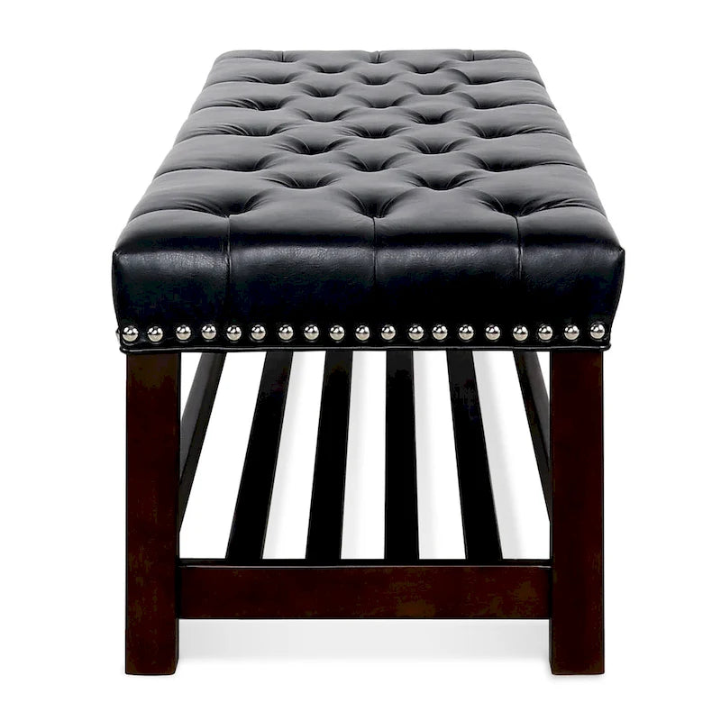 Tufted Upholstered End of Bed Bench with Nailhead Trim and Shelf