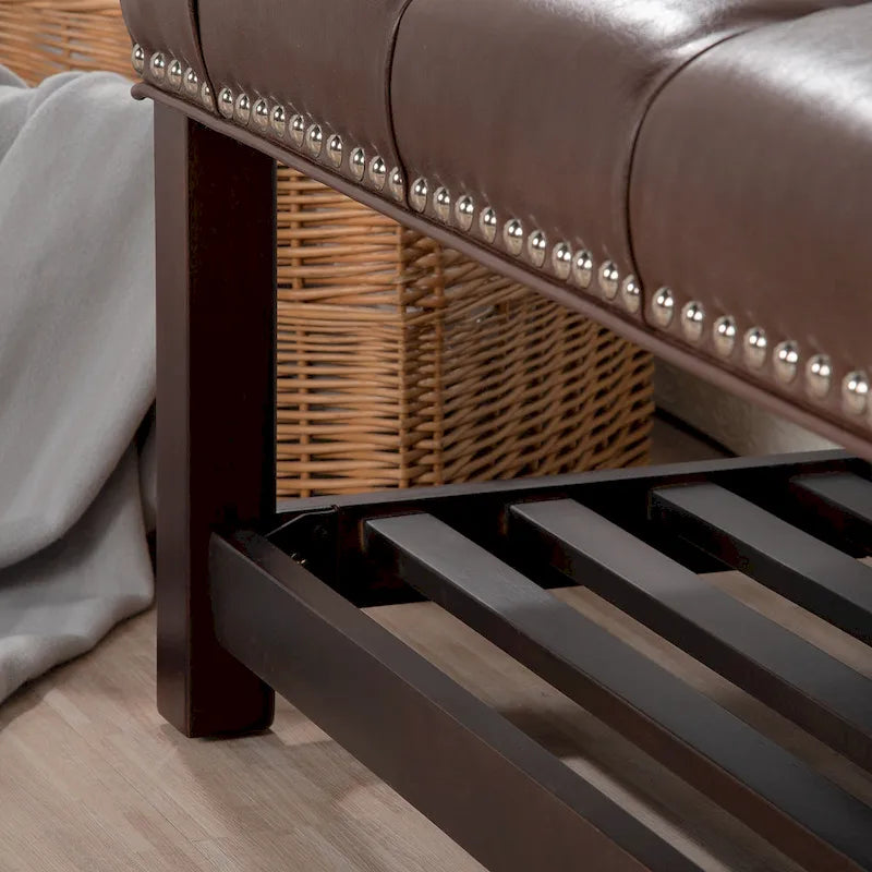 Tufted Upholstered End of Bed Bench with Nailhead Trim and Shelf