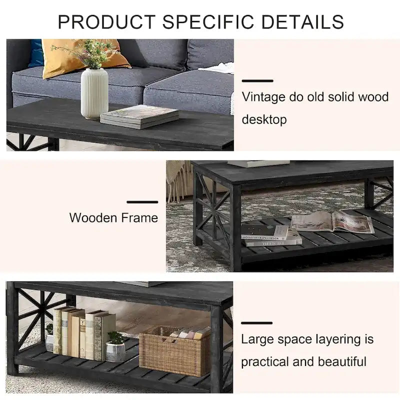 Rustic Wood Coffee Table with Spacious Storage - 47.24 W x 23.62 D x 19.68 H