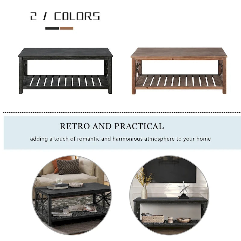 Rustic Wood Coffee Table with Spacious Storage - 47.24 W x 23.62 D x 19.68 H