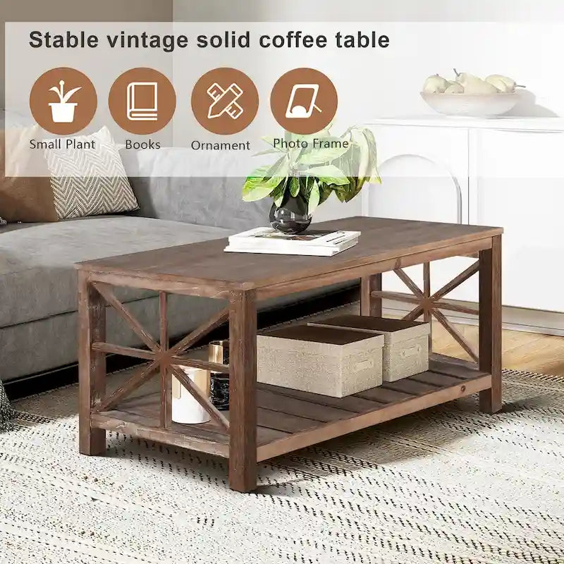 Rustic Wood Coffee Table with Spacious Storage - 47.24 W x 23.62 D x 19.68 H