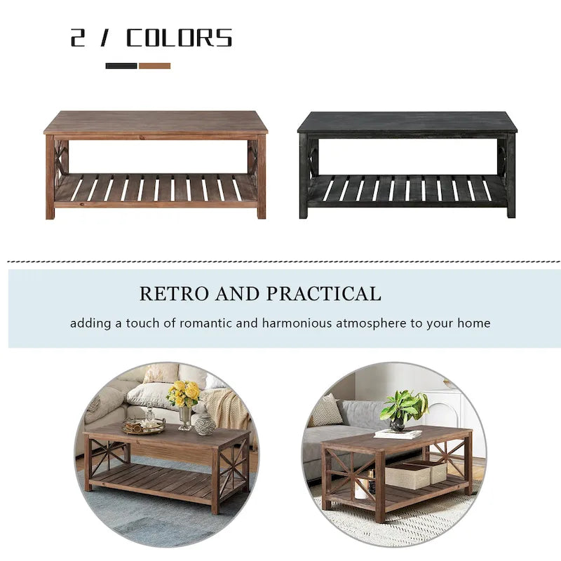 Rustic Wood Coffee Table with Spacious Storage - 47.24 W x 23.62 D x 19.68 H