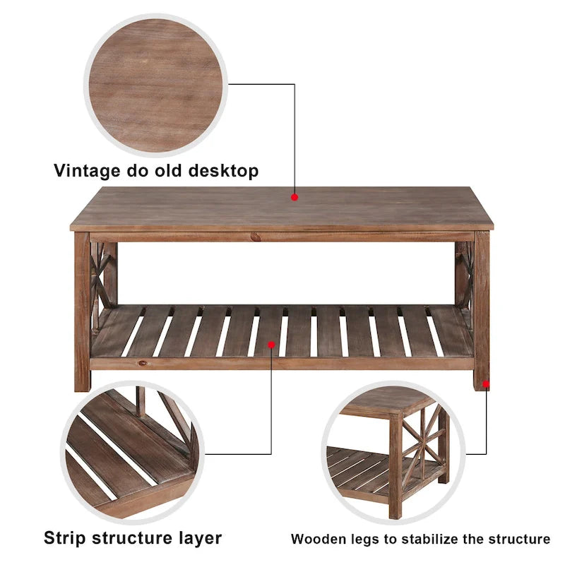 Rustic Wood Coffee Table with Spacious Storage - 47.24 W x 23.62 D x 19.68 H