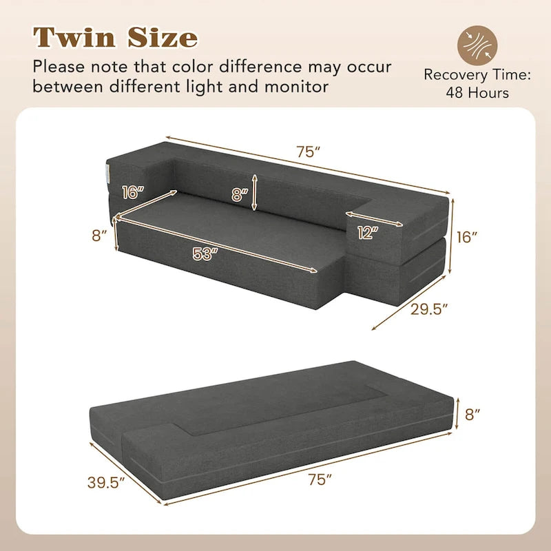 8-Inch Folding Sofa Bed with High-Density Foam & Washable Cover