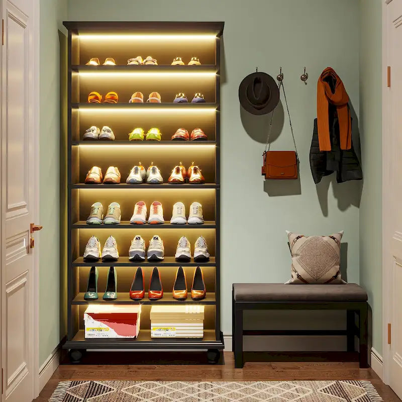 9-Tier Narrow Tall Shoe Storage Cabinet with LED Lighting