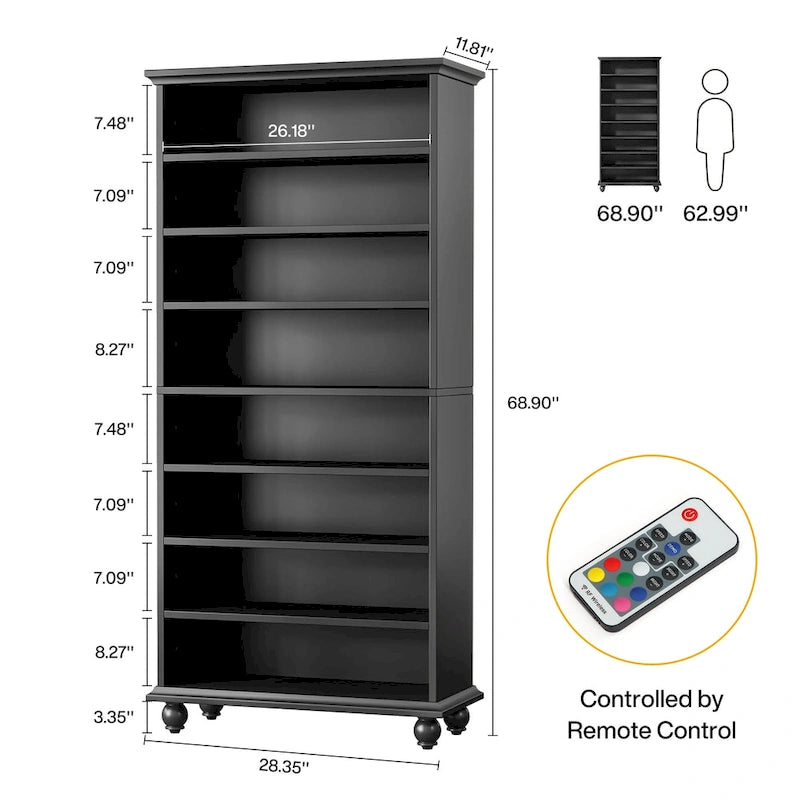 9-Tier Narrow Tall Shoe Storage Cabinet with LED Lighting