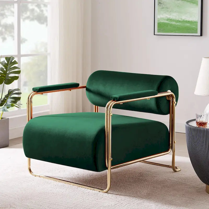 31 Wide Futuristic Velvet Armchair with Glossy Gold Frame & Cylindrical Backrest