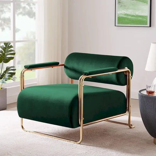 31 Wide Futuristic Velvet Armchair with Glossy Gold Frame & Cylindrical Backrest