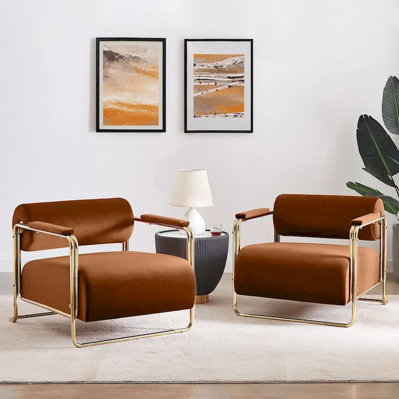 31 Wide Futuristic Velvet Armchair with Glossy Gold Frame & Cylindrical Backrest