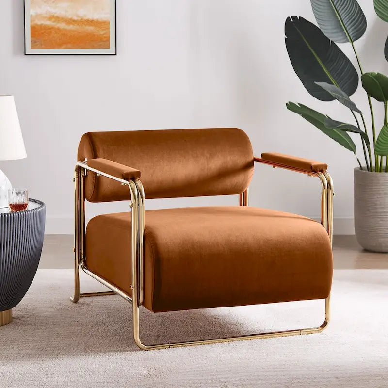 31 Wide Futuristic Velvet Armchair with Glossy Gold Frame & Cylindrical Backrest