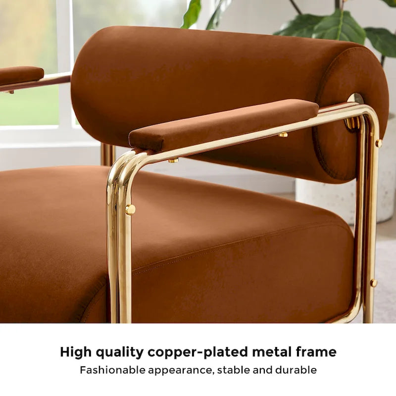 31 Wide Futuristic Velvet Armchair with Glossy Gold Frame & Cylindrical Backrest