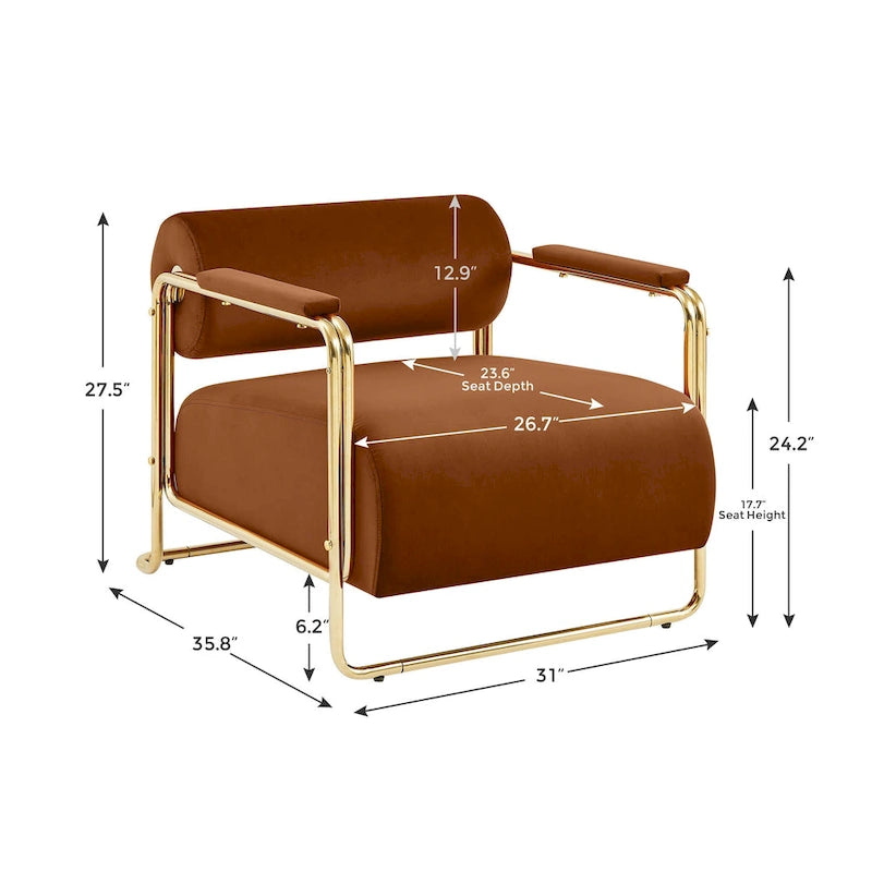 31 Wide Futuristic Velvet Armchair with Glossy Gold Frame & Cylindrical Backrest