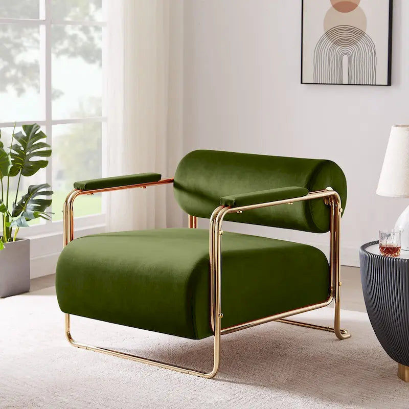 31 Wide Futuristic Velvet Armchair with Glossy Gold Frame & Cylindrical Backrest