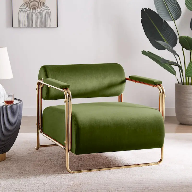 31 Wide Futuristic Velvet Armchair with Glossy Gold Frame & Cylindrical Backrest
