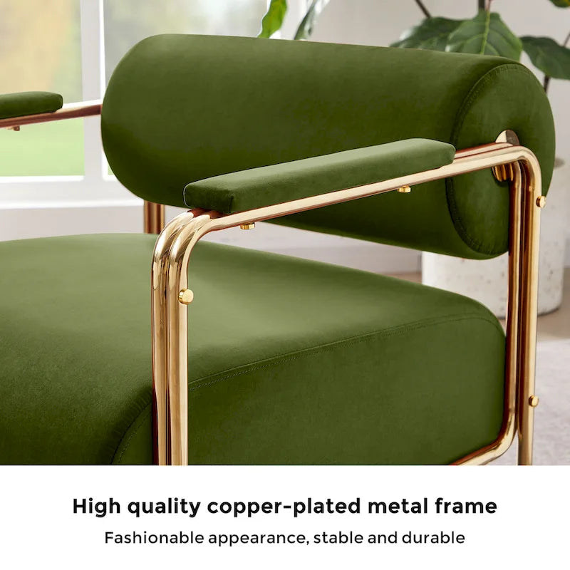 31 Wide Futuristic Velvet Armchair with Glossy Gold Frame & Cylindrical Backrest