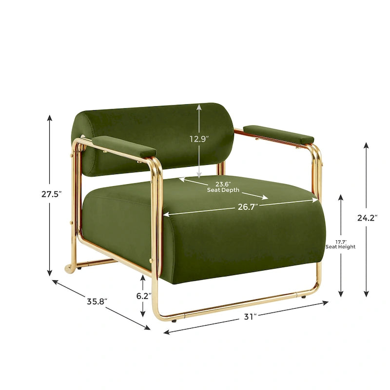 31 Wide Futuristic Velvet Armchair with Glossy Gold Frame & Cylindrical Backrest