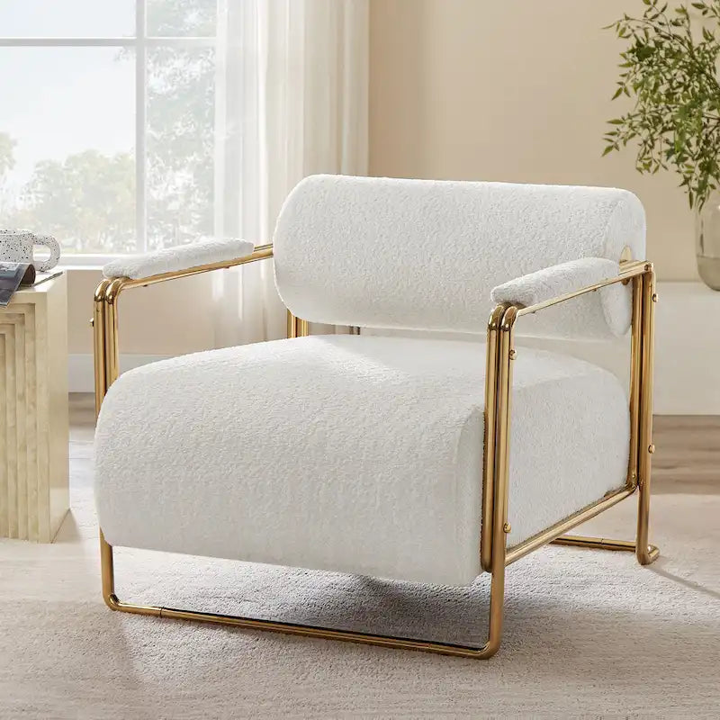 31 Wide Futuristic Velvet Armchair with Glossy Gold Frame & Cylindrical Backrest