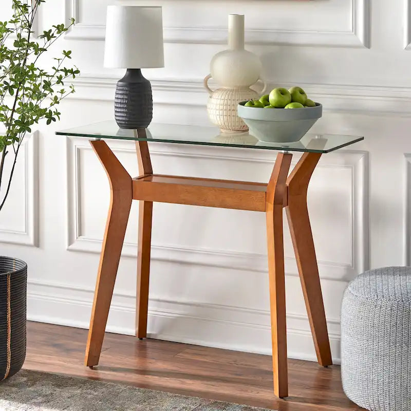 Walnut Sofa Table with Tempered Glass Top