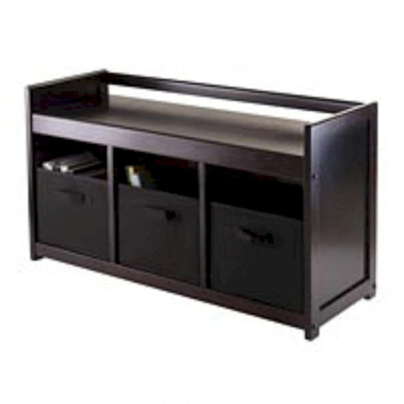 Dark Brown Black Storage Bench with Three Foldable Fabric Baskets