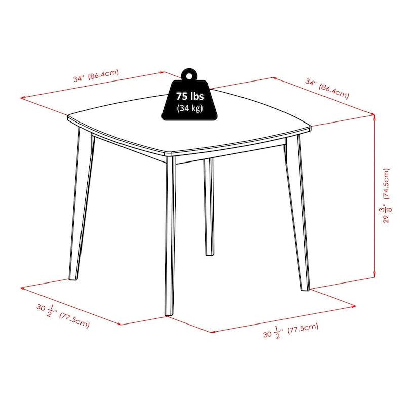 Solid Wood Dining Table, Walnut - 34.02 x 34.02 x 29.33 inches