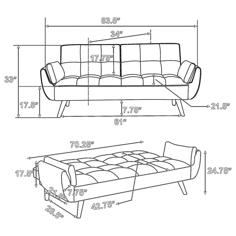 84 Inch Sofa Futon Bed with Tufted Back, Angled Legs, Gray Fabric