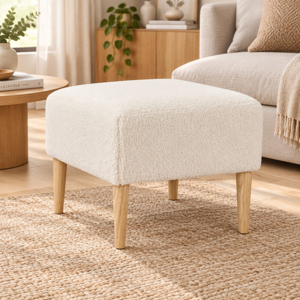Elden Side Table Foot Stool Padded Boucle Ottoman with Wood Legs