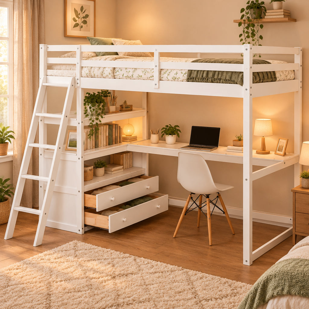 White Modern Pine Wood Loft Bed with Desk, Shelves, and Two Built-in Drawers