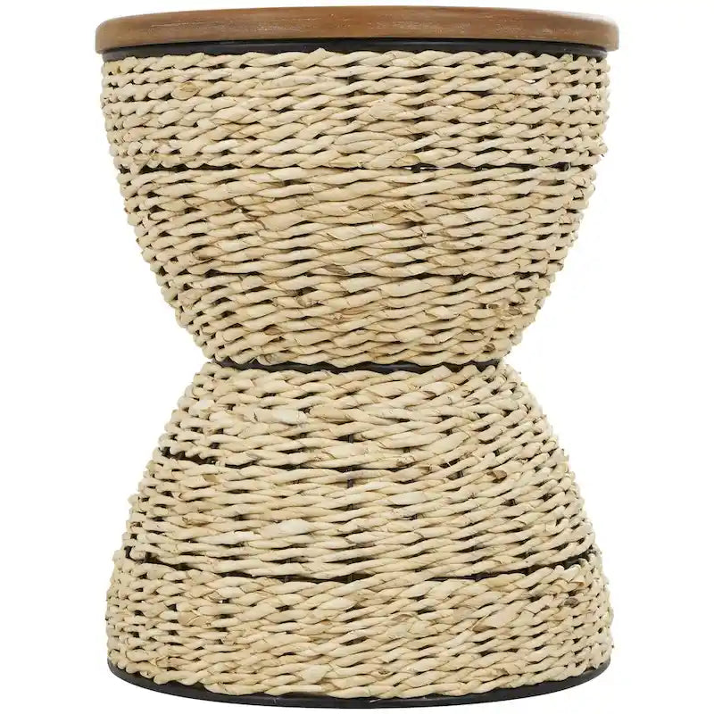 Rattan Handmade Woven Side End Accent Table with Wood Tabletop and Black Frame - Light Brown or Brown