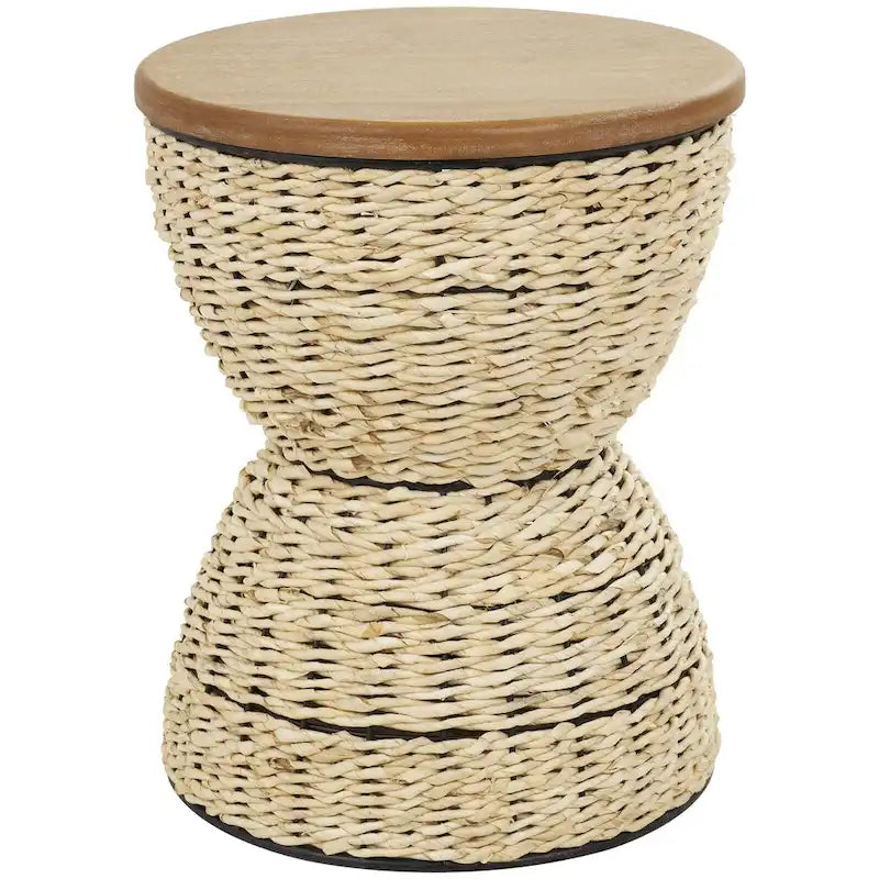Rattan Handmade Woven Side End Accent Table with Wood Tabletop and Black Frame - Light Brown or Brown