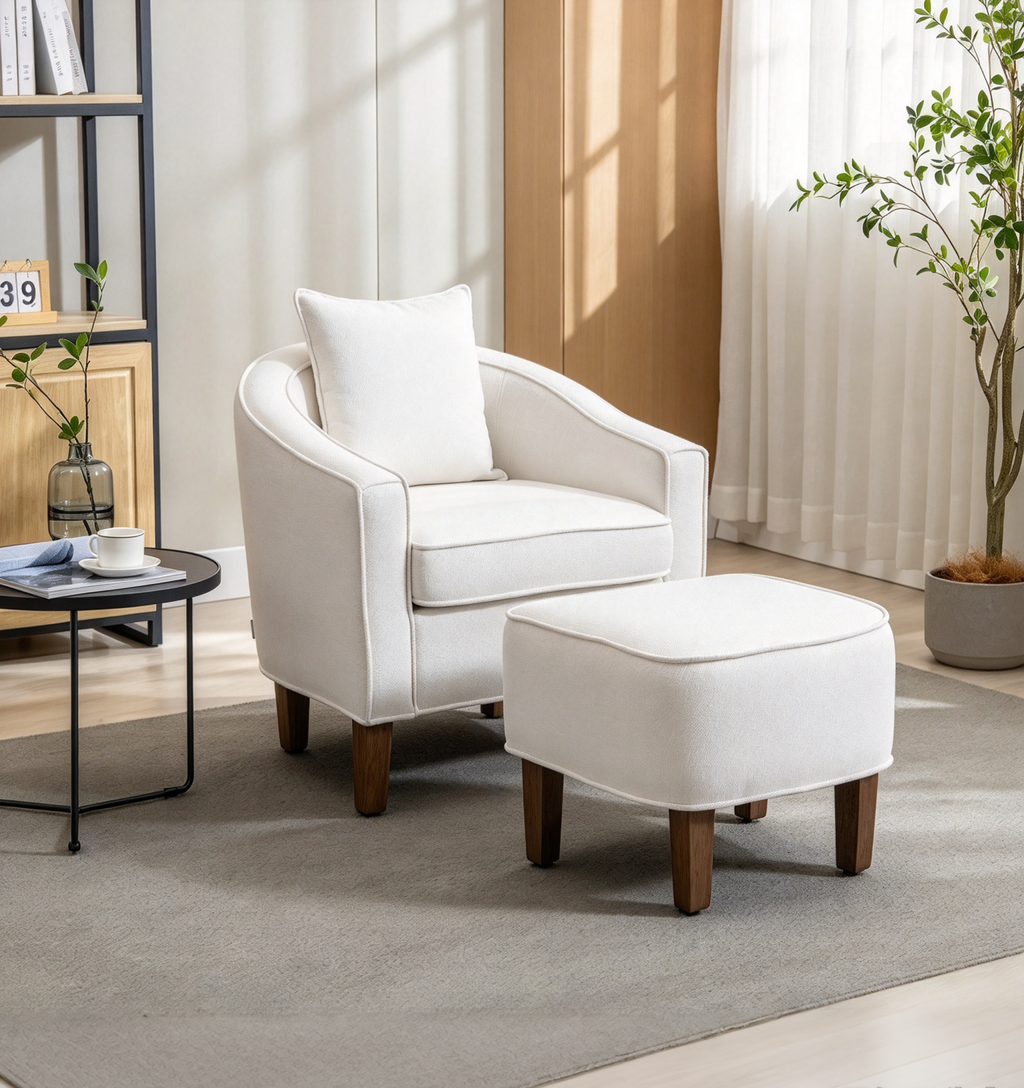 Mid-Century Barrel Accent Chair with Ottoman